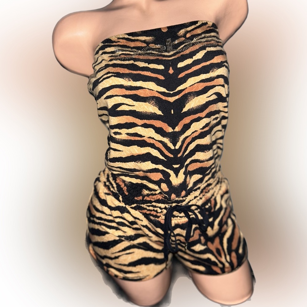 BEBE romper shorts strapless tiger pants jumpsuit pinup burlesque cabaret sexy